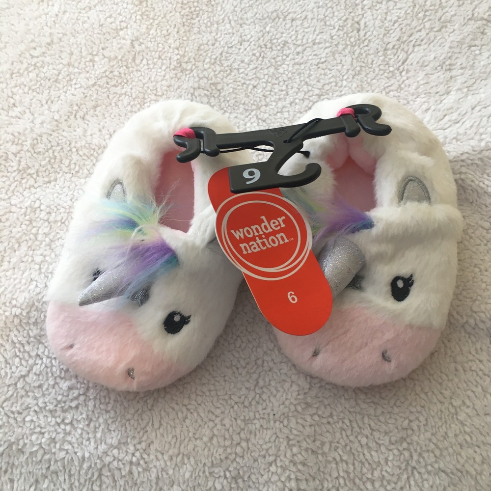 Wonder Nation Unicorn Slippers Kids Size 5 White Pink NWT Plush Faux Fur Glitter